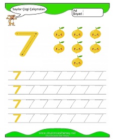 7 Rakamı Çizgi Çalışmaları Çalışma Sayfaları